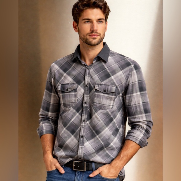 Express Other - Express Western Wear Men’s Gray Plaid Cowboy Snap Close Shirt XL 17-17.5